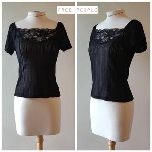 Free People | Black Stretch Lace Button Top